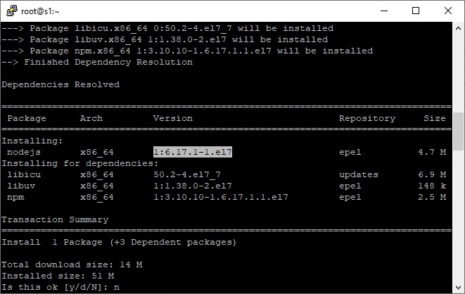 Результат при выполнении команды yum install nodejs в CentOs 7
